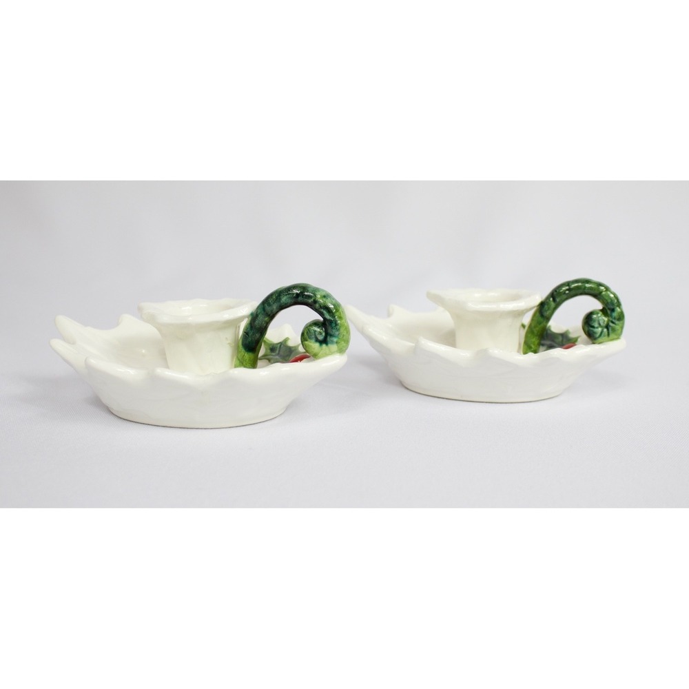 Vintage Pair Lefton White Holly Berry Ceramic Candle Holders Christmas 1970 READ
